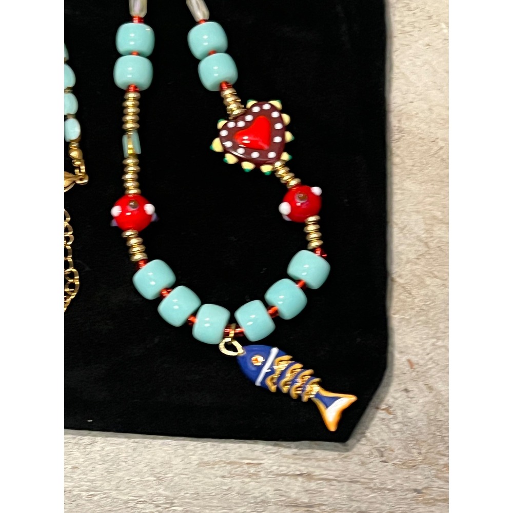 Mayamar Whimsical Beaded Fish & Heart Charm Necklace Blue Gold Tone - Picture 2 of 7